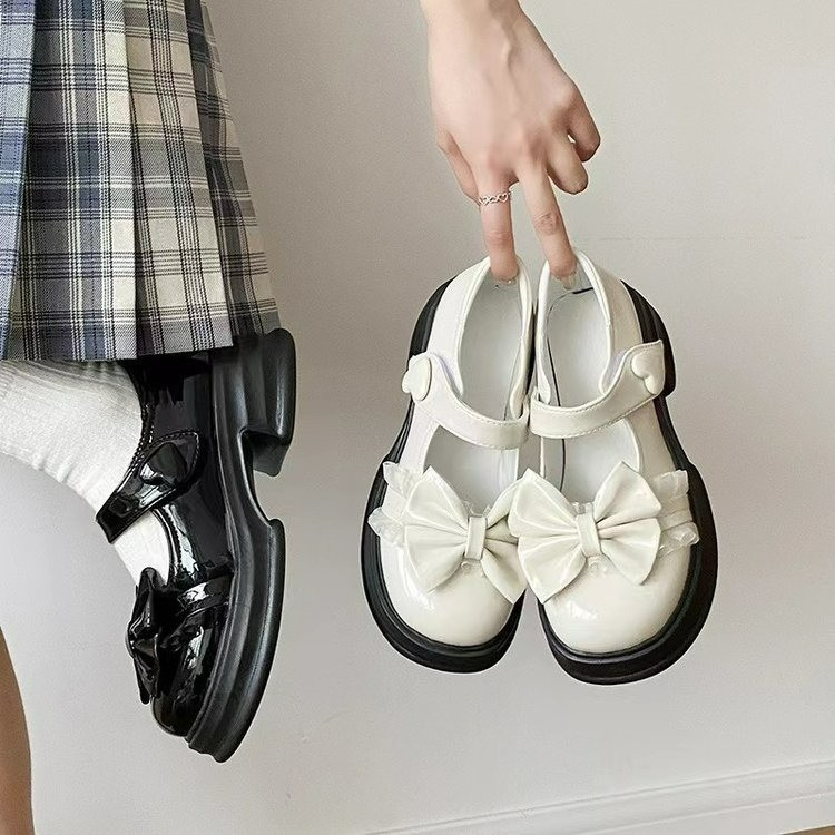 Giày nữ Lolita Giày búp bê giày mary jane Da Mềm Đính Nơ Phong Cách Lolita Cho Nữ Vòng đầu dày đế tăng chiều cao giày nữ