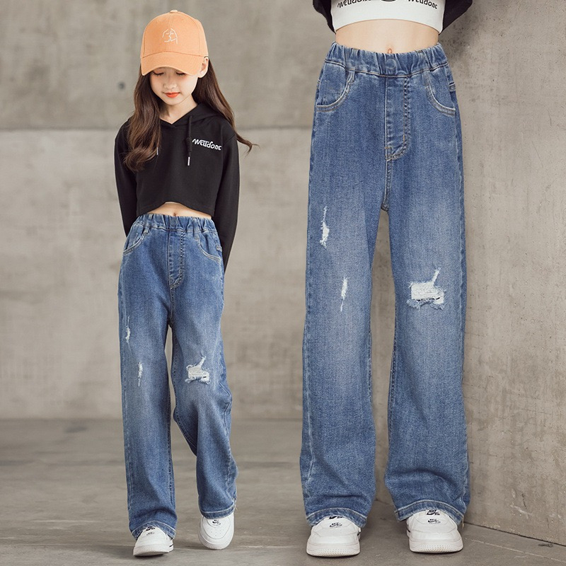 Quần jeans Thêu Họa Tiết Thời Trang Thoáng Khí Chất Lượng Cao Cho Bé Gái 3-12 Tuổi