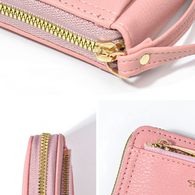 Yuki Ví Da pu 3 Lớp Có Khóa Kéo Và Dây Đeo Cổ Tay Dành Cho Nữ c98