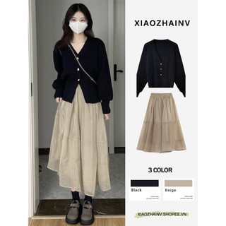 Xiaozhainv set áo khoác cardigan dài tay cổ chữ v + chân váy dài lưng cao thời trang nữ