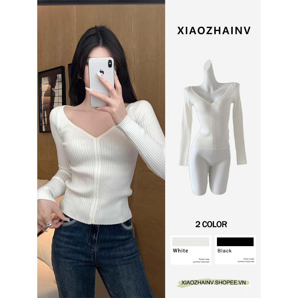 Xiaozhainv Áo Thun Dệt Kim Mỏng Tay Dài Cổ Chữ v Ôm Dáng Mùa Thu Hàn Quốc Đơn Giản Cho Nữ