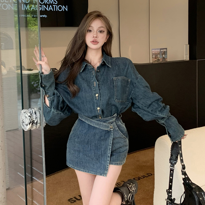 Set Áo Khoác denim + Chân Váy jeans Lưng Cao Thời Trang Hàn Cho Nữ