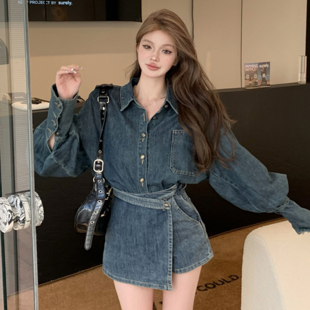 Set Áo Khoác denim + Chân Váy jeans Lưng Cao Thời Trang Hàn Cho Nữ