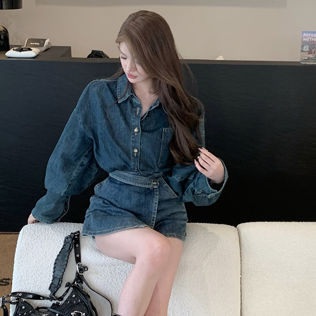 Set Áo Khoác denim + Chân Váy jeans Lưng Cao Thời Trang Hàn Cho Nữ