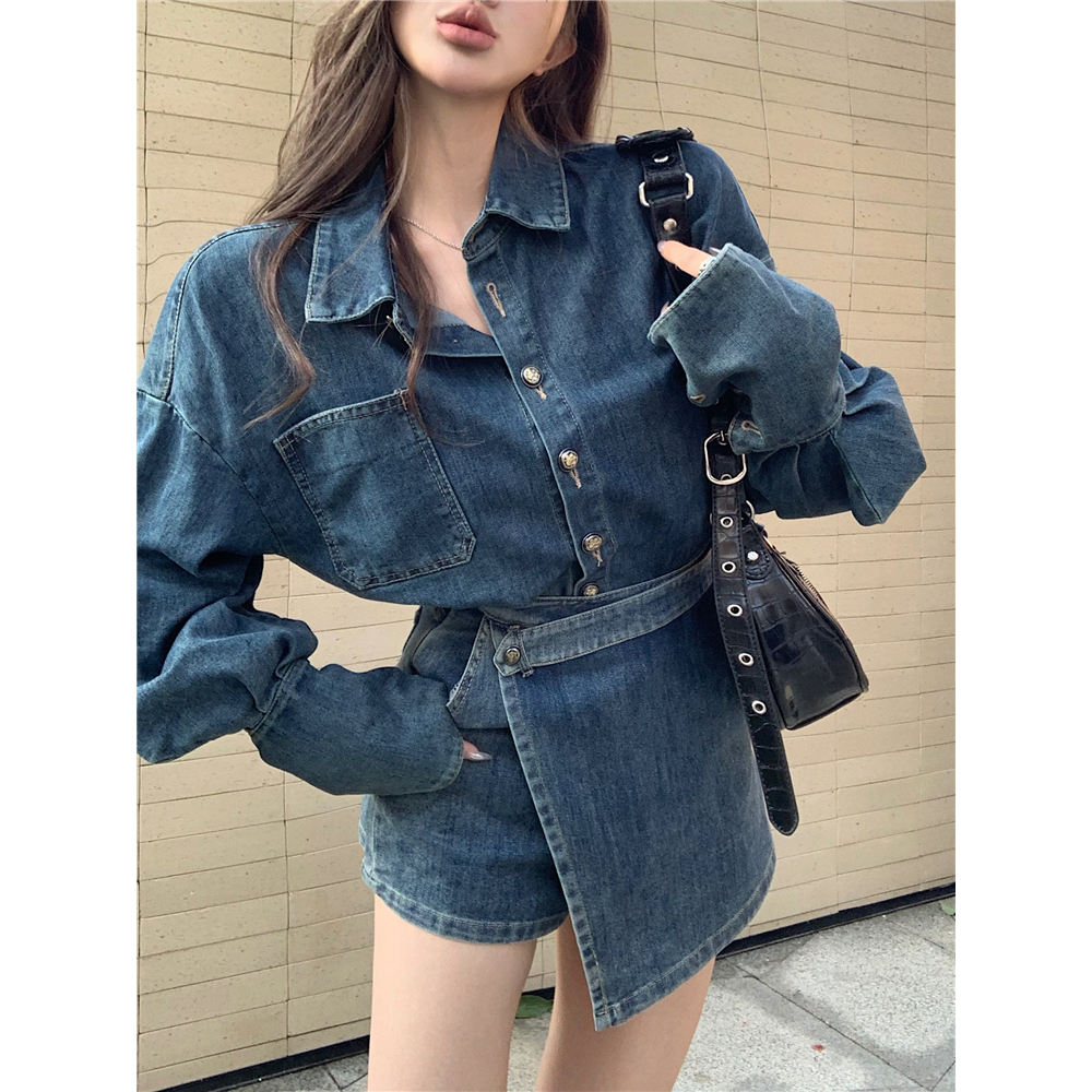 Set Áo Khoác denim + Chân Váy jeans Lưng Cao Thời Trang Hàn Cho Nữ