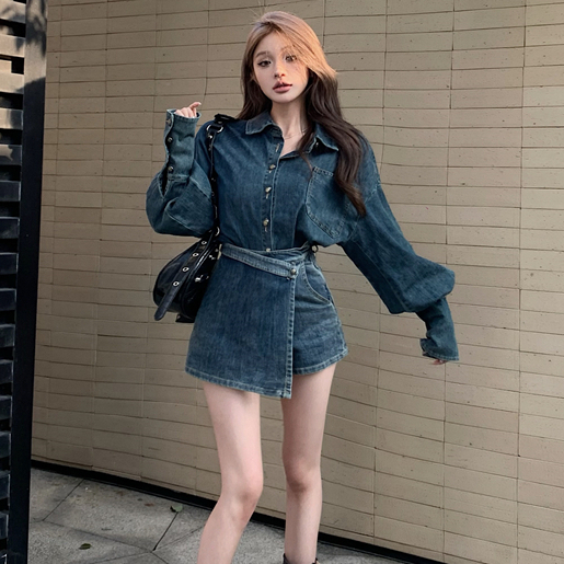 Set Áo Khoác denim + Chân Váy jeans Lưng Cao Thời Trang Hàn Cho Nữ