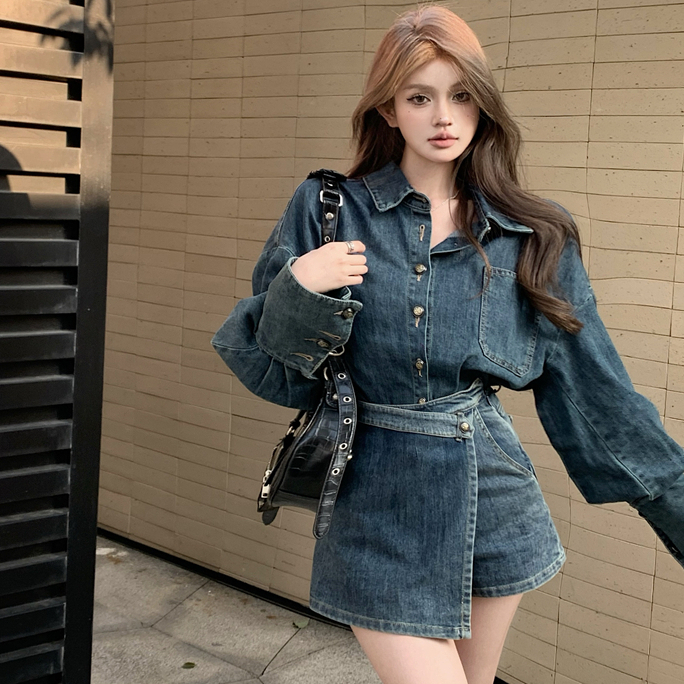 Set Áo Khoác denim + Chân Váy jeans Lưng Cao Thời Trang Hàn Cho Nữ