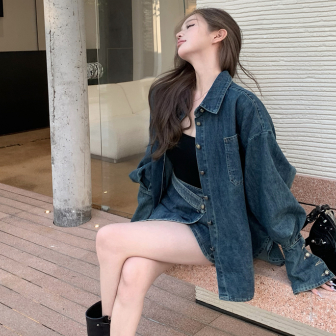 Set Áo Khoác denim + Chân Váy jeans Lưng Cao Thời Trang Hàn Cho Nữ