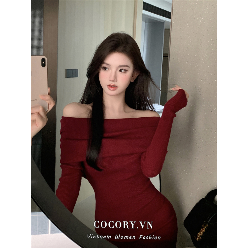 Cocory vn Đầm Dệt Kim Dài Tay Trễ Vai Phong Cách Hàn Quốc Thanh Lịch Dành Cho Nữ