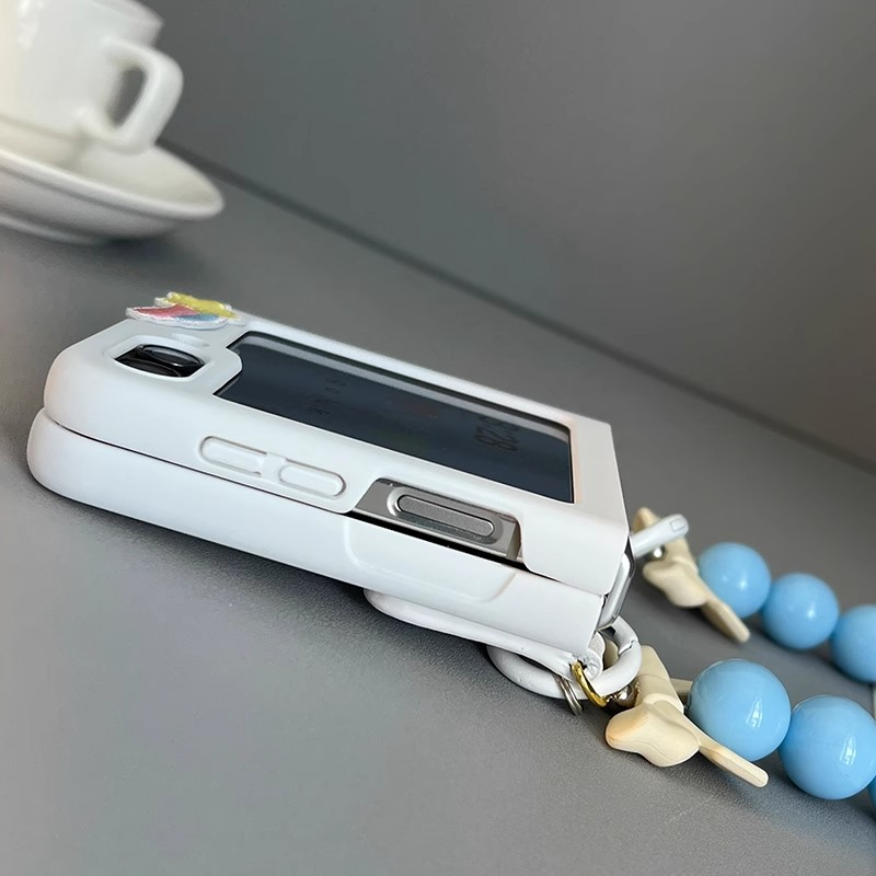 Ốp điện thoại Samsung Galaxy Z Flip 5 màu trắng dễ thương Với dây buộc hạt màu xanh zflip5 z Flip5