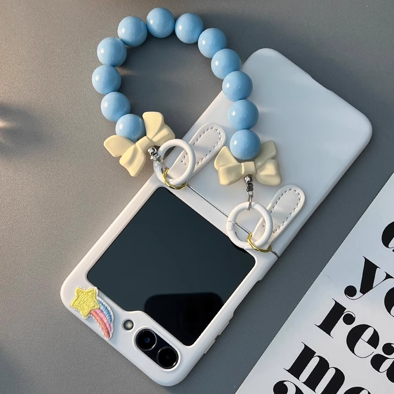 Ốp điện thoại Samsung Galaxy Z Flip 5 màu trắng dễ thương Với dây buộc hạt màu xanh zflip5 z Flip5
