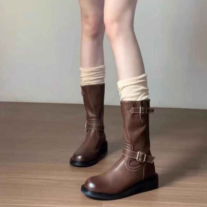 Giày Bốt martin Gót Thấp Mũi Tròn Bằng Da Phong Cách Anh Quốc Thời Trang Thu Đông Cho Nữ