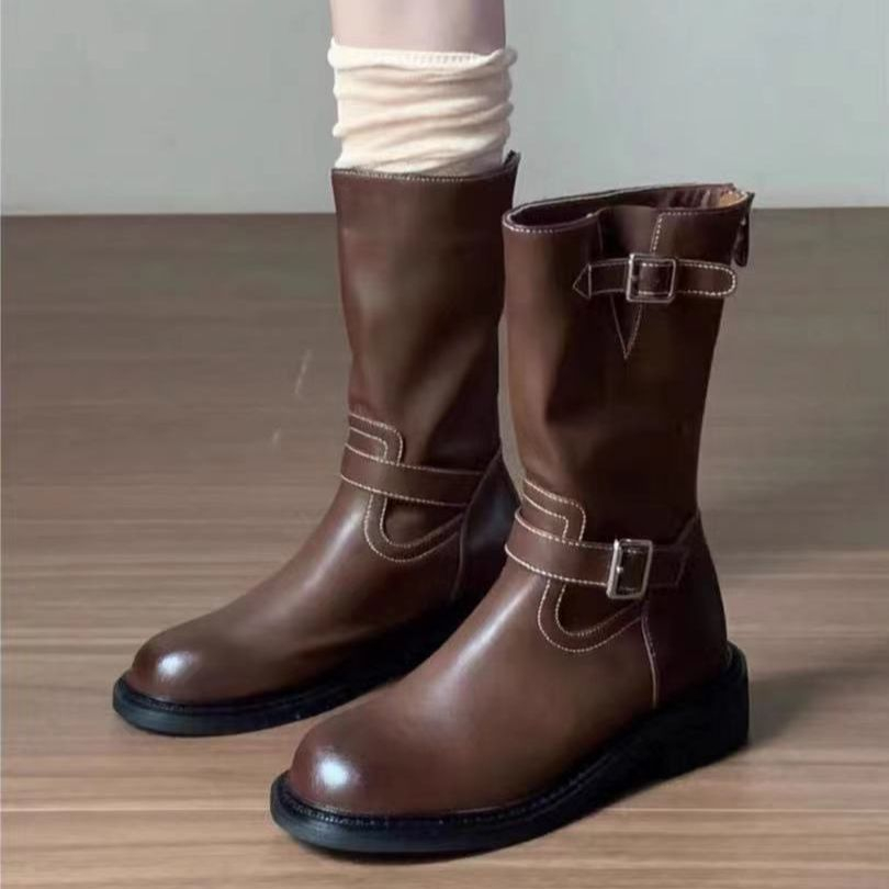 Giày Bốt martin Gót Thấp Mũi Tròn Bằng Da Phong Cách Anh Quốc Thời Trang Thu Đông Cho Nữ