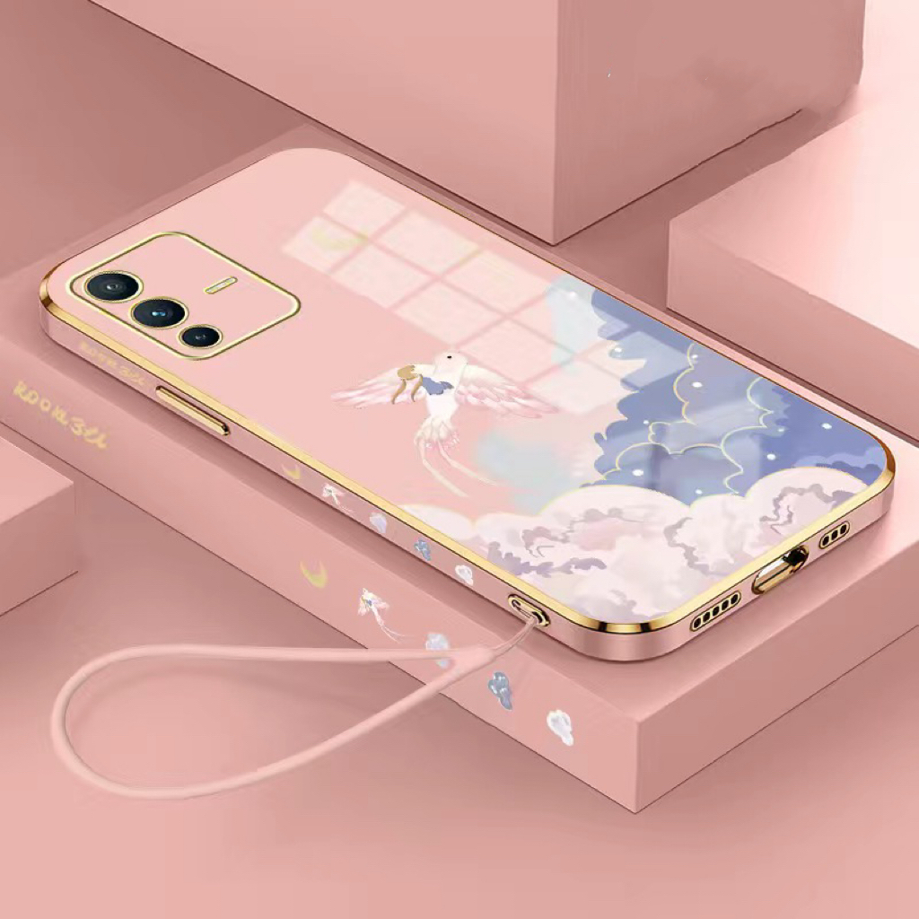 Ốp lưng Oppo Reno 7Z Reno 8 4G Reno 6 4G Reno 8T 5G Reno 8T 4G Reno 7 4G Reno 8 Pro 5G Mạ vàng cạnh sáng tạo chống rơi đám mây chim trường hợp điện thoại