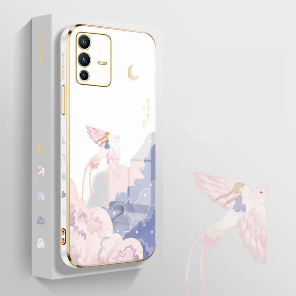 Ốp lưng Oppo Reno 7Z Reno 8 4G Reno 6 4G Reno 8T 5G Reno 8T 4G Reno 7 4G Reno 8 Pro 5G Mạ vàng cạnh sáng tạo chống rơi đám mây chim trường hợp điện thoại