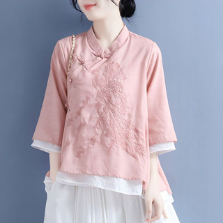Áo Sơ Mi cotton Lanh Xuân Hè 2023 Tay Lửng Cài Nút Thêu Hình Đĩa Có Kích Thước Lớn Cho Nữ (Có Kích Thước Lớn)