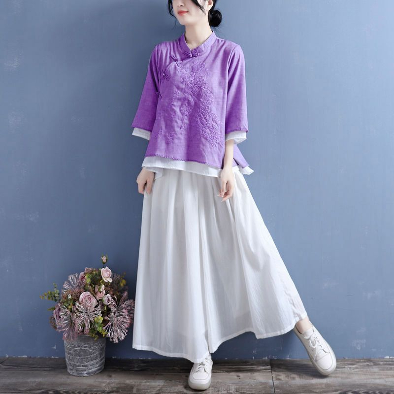 Áo Sơ Mi cotton Lanh Xuân Hè 2023 Tay Lửng Cài Nút Thêu Hình Đĩa Có Kích Thước Lớn Cho Nữ