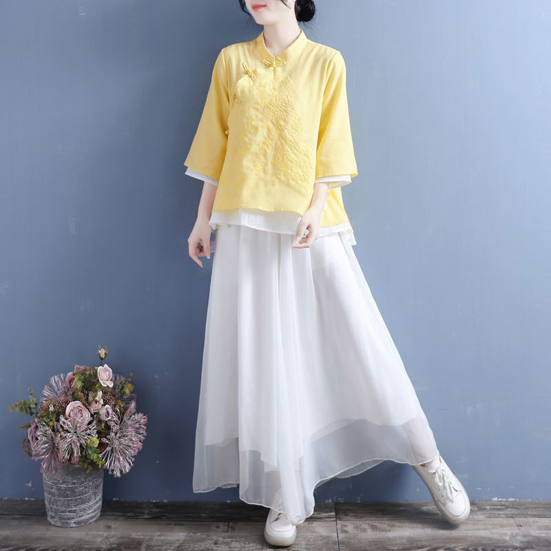 Áo Sơ Mi cotton Lanh Xuân Hè 2023 Tay Lửng Cài Nút Thêu Hình Đĩa Có Kích Thước Lớn Cho Nữ