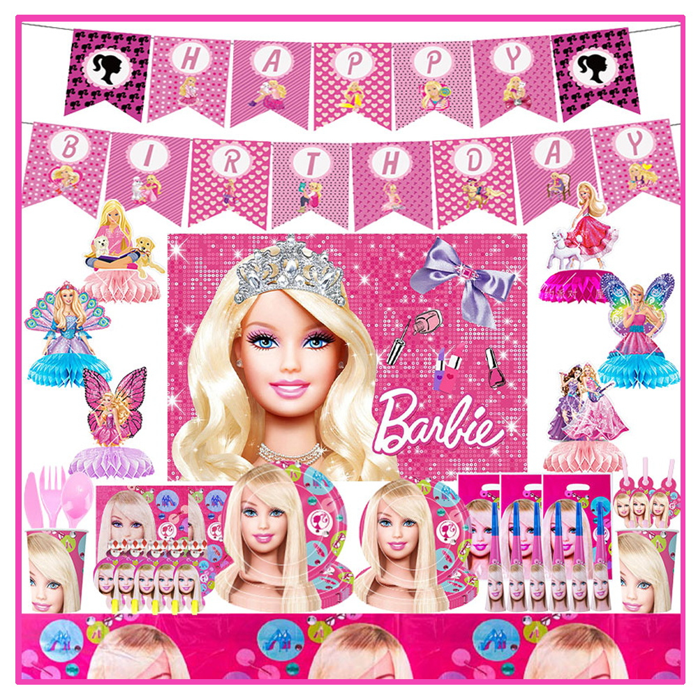 Chủ Đề Phim Barbie Trang Trí Sinh Nhật Tiệc Dùng Một Lần Bộ Đồ Ăn Giấy Khăn Ăn Cốc Đĩa Biểu Ngữ Khăn
