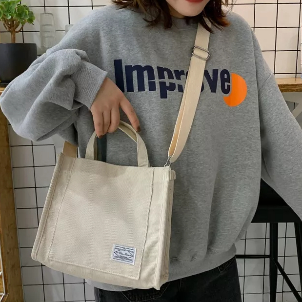 Túi xách đeo vai SUPERCUTE vải nhung kẻ màu trơn đơn giản phong cách harajuku Hàn Quốc