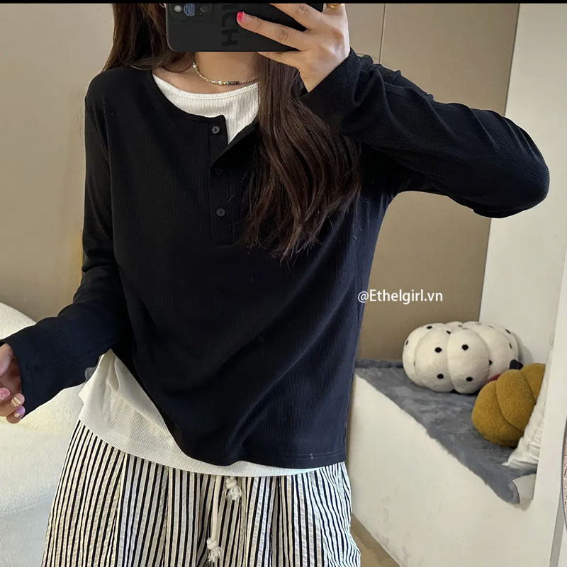 Ethelgirl Áo Thun Nữ Dài Tay Cổ Tròn Màu Đen Phong Cách Hàn Quốc