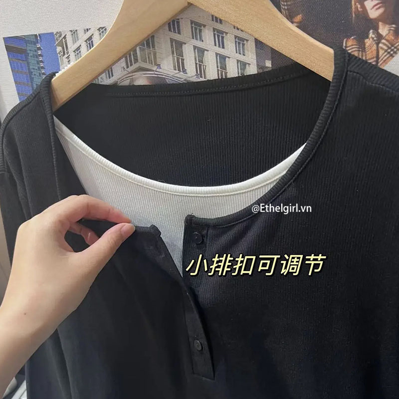 Ethelgirl Áo Thun Nữ Dài Tay Cổ Tròn Màu Đen Phong Cách Hàn Quốc