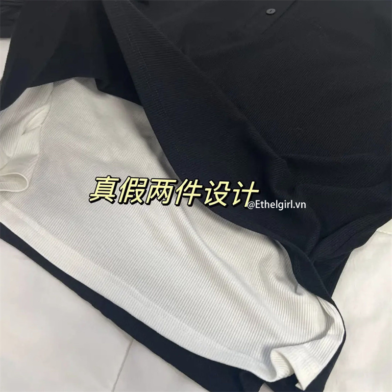 Ethelgirl Áo Thun Nữ Dài Tay Cổ Tròn Màu Đen Phong Cách Hàn Quốc