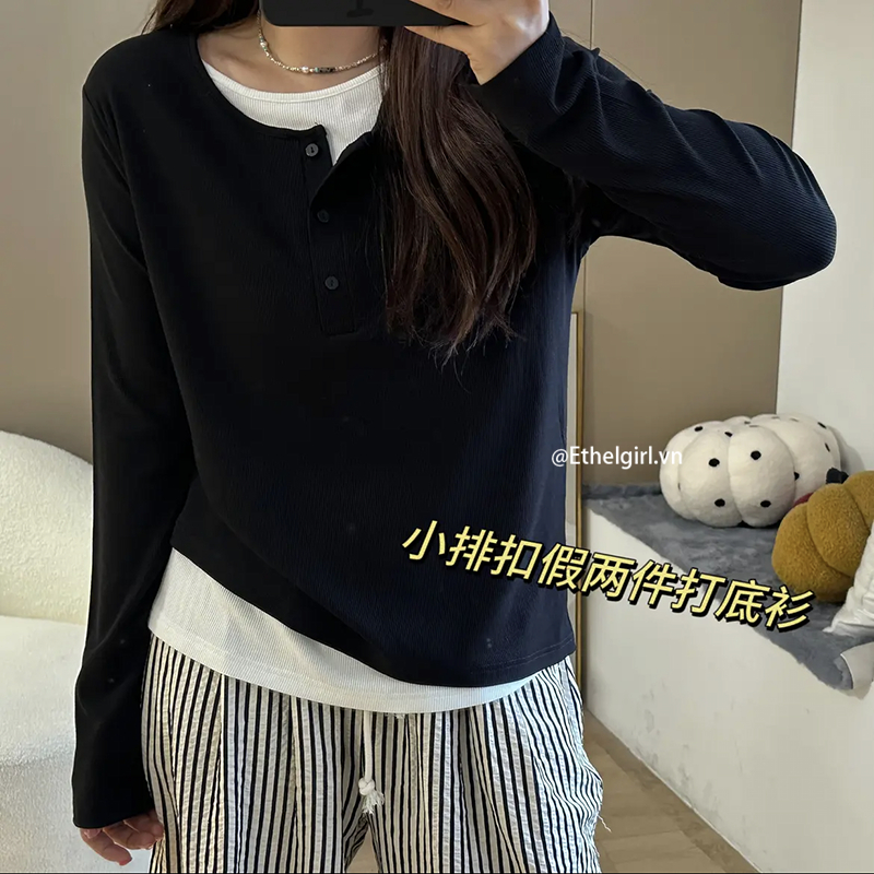 Ethelgirl Áo Thun Nữ Dài Tay Cổ Tròn Màu Đen Phong Cách Hàn Quốc