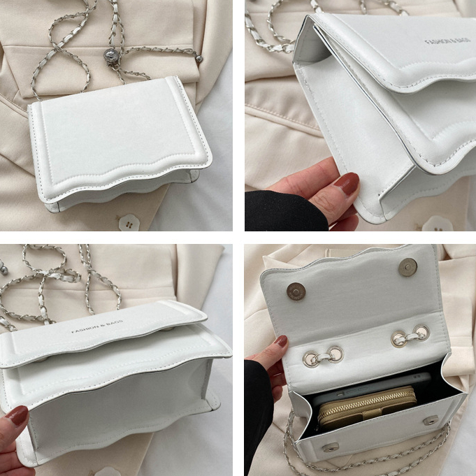 Túi đeo chéo da vuông đẹp túi xách nữ dây xích nhỏ trắng thời trang mới túi đeo vai Da PU Navy Black Plain PU Leather