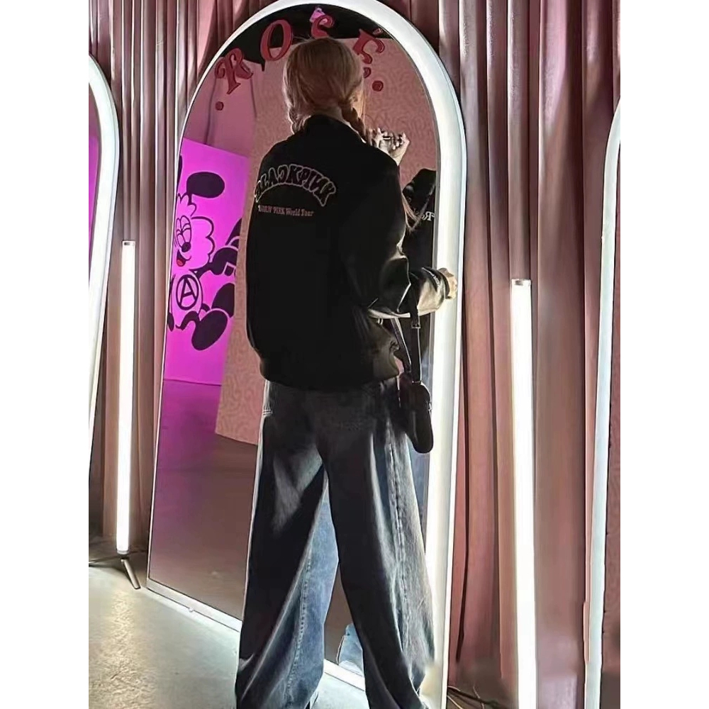 Áo Khoác bomber Da pu Tay Dài Dáng Rộng In Hình blackpink jennie rose Kiểu retro Mỹ