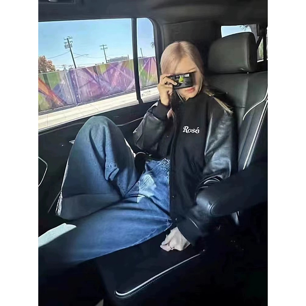 Áo Khoác bomber Da pu Tay Dài Dáng Rộng In Hình blackpink jennie rose Kiểu retro Mỹ