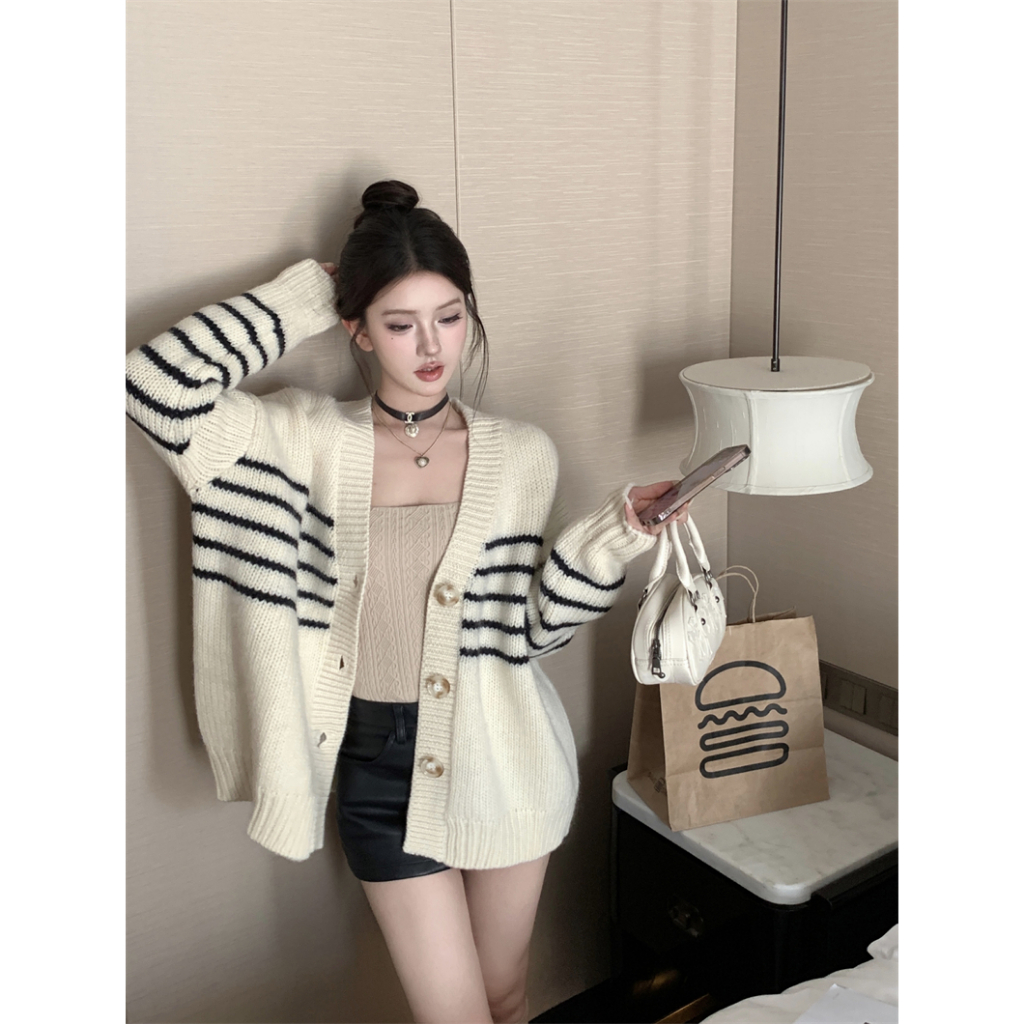 Mới Áo Khoác Len cardigan Họa Tiết Sọc Ngang Thời Trang Cho Nữ