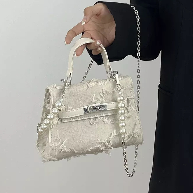 Túi đeo chéo vai SUPERCUTE hình vuông cỡ nhỏ màu trơn đính ngọc trai thời trang phong cách retro