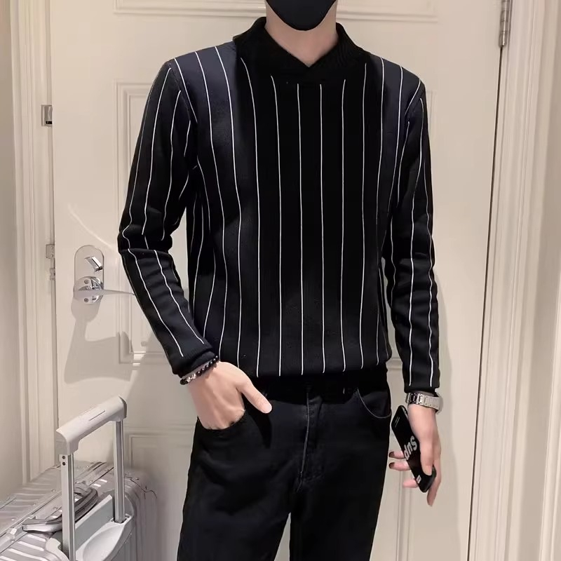 Áo sweater Dệt Kim Cổ Bẻ Kẻ Sọc Ngang Độc Đáo Cho Nam