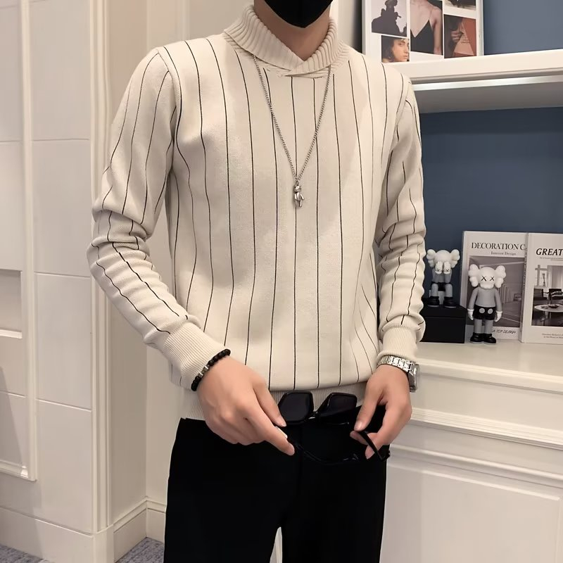 Áo sweater Dệt Kim Cổ Bẻ Kẻ Sọc Ngang Độc Đáo Cho Nam