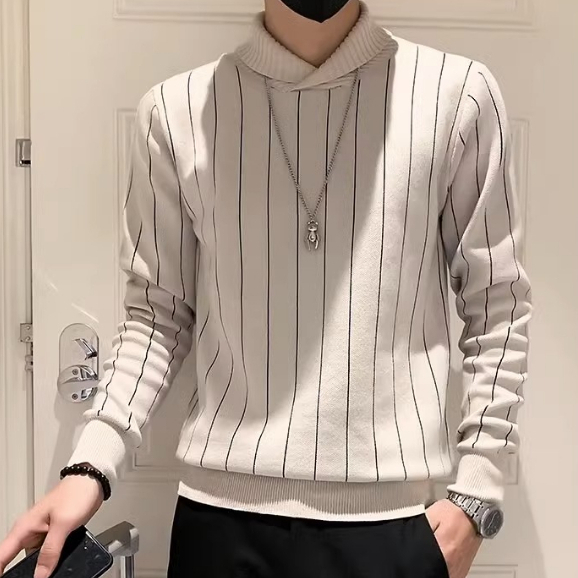 Áo sweater Dệt Kim Cổ Bẻ Kẻ Sọc Ngang Độc Đáo Cho Nam