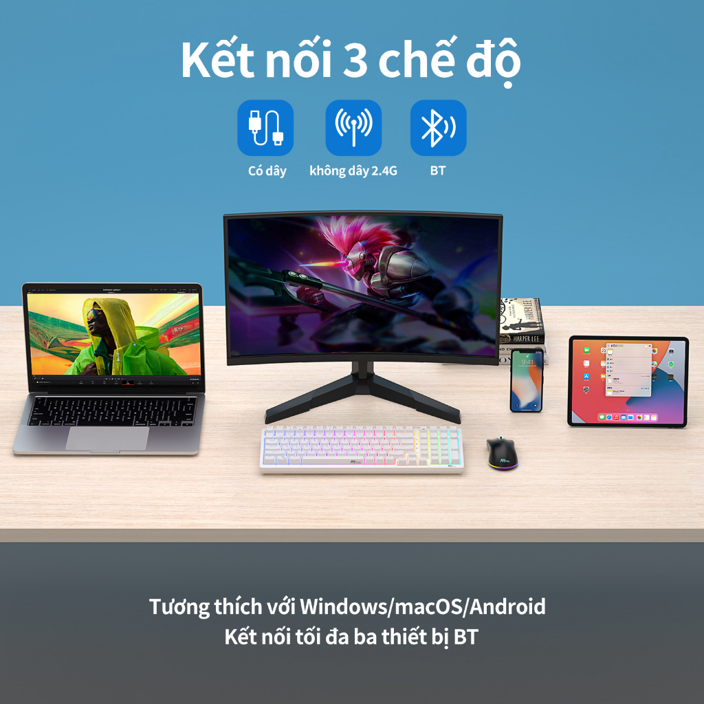 Bàn phím cơ khí ROYAL KLUDGE RK98 98 phím RGB Backlight hỗ trợ cắm nóng với ba chế độ Bluetooth 2.4G không dây/có dây