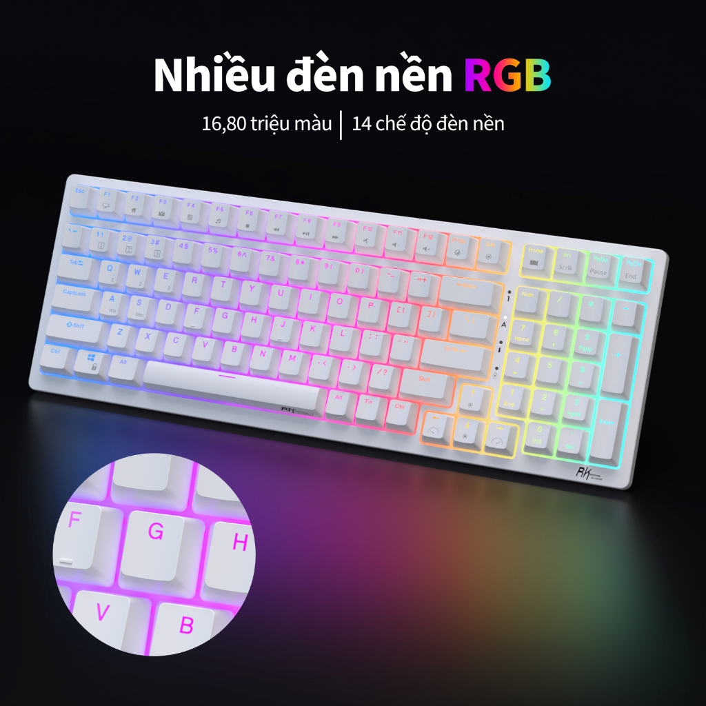 Bàn phím cơ khí ROYAL KLUDGE RK98 98 phím RGB Backlight hỗ trợ cắm nóng với ba chế độ Bluetooth 2.4G không dây/có dây