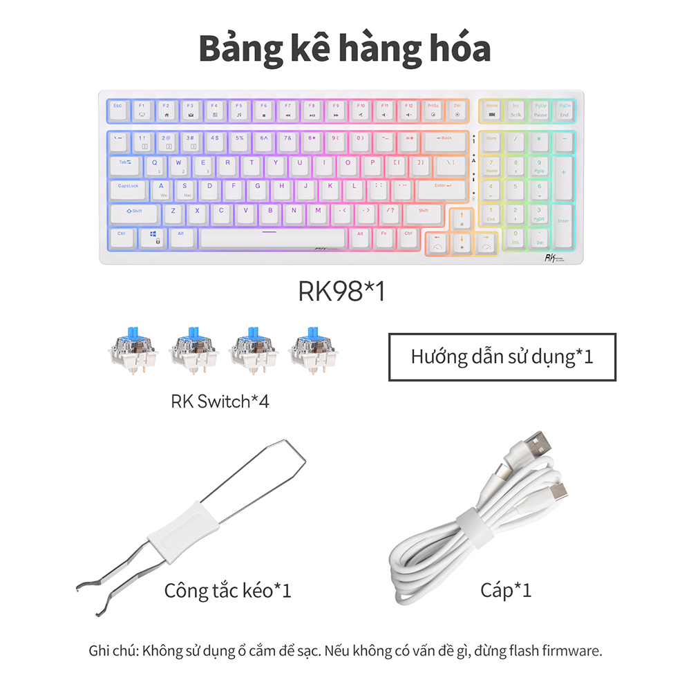 Bàn phím cơ khí ROYAL KLUDGE RK98 98 phím RGB Backlight hỗ trợ cắm nóng với ba chế độ Bluetooth 2.4G không dây/có dây