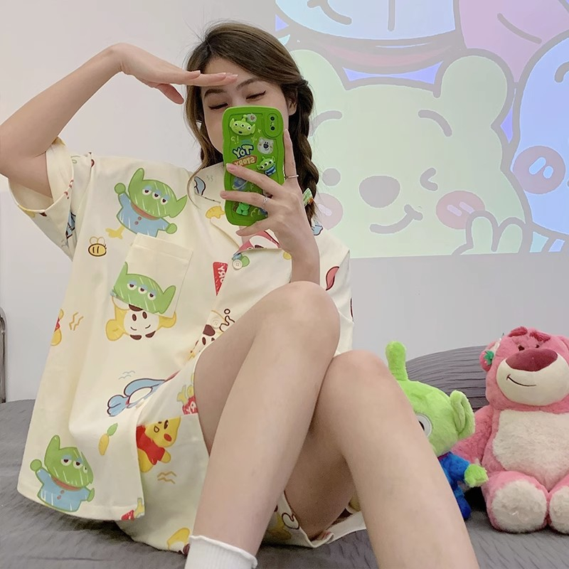 DIDIKA Bộ Đồ Ngủ Ngắn Tay Dáng Rộng In Hình Hoạt Hình Dễ Thương Thời Trang Mùa Hè Dành Cho Nữ Sinh