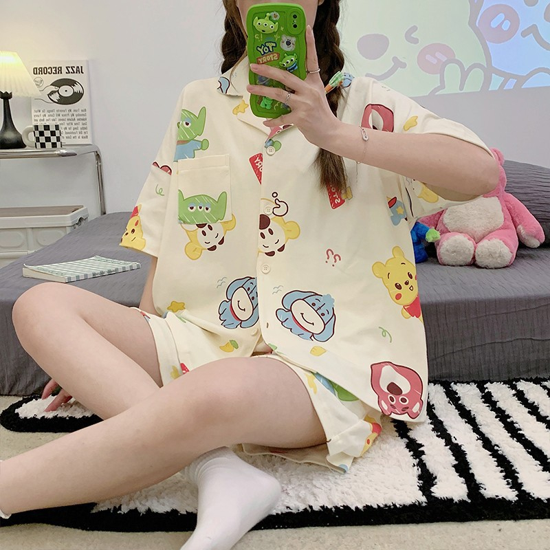 DIDIKA Bộ Đồ Ngủ Ngắn Tay Dáng Rộng In Hình Hoạt Hình Dễ Thương Thời Trang Mùa Hè Dành Cho Nữ Sinh