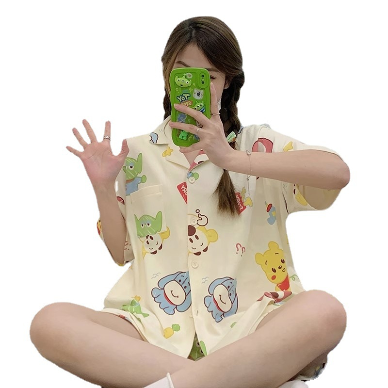 DIDIKA Bộ Đồ Ngủ Ngắn Tay Dáng Rộng In Hình Hoạt Hình Dễ Thương Thời Trang Mùa Hè Dành Cho Nữ Sinh