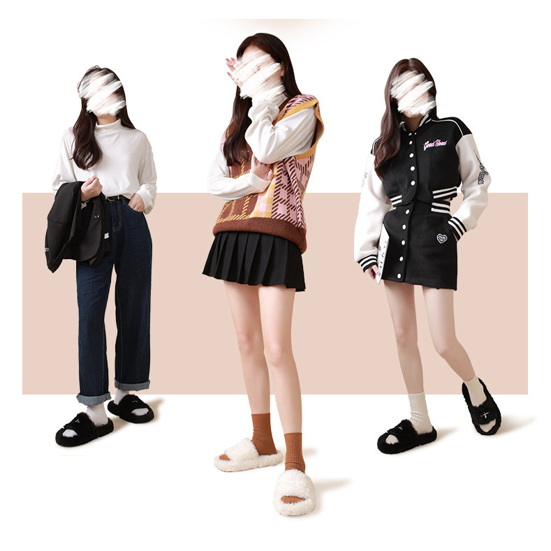 Dép Bông Đế Phẳng Hở Ngón Phối Màu Sắc Tương Phản Thời Trang Thu Đông Phong Cách Ulzzang Mới