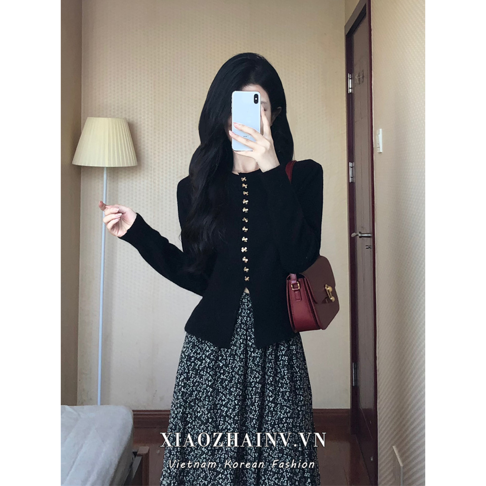 Xiaozhainv Set Áo cardigan Dệt Kim Tay Dài + Chân Váy Hoa Lưng Cao Thời Trang Hàn Quốc Cho Nữ
