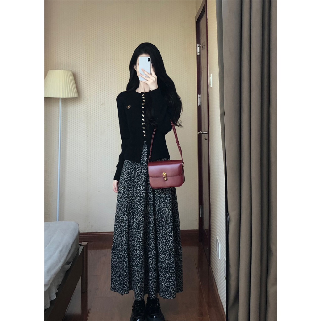 Xiaozhainv Set Áo cardigan Dệt Kim Tay Dài + Chân Váy Hoa Lưng Cao Thời Trang Hàn Quốc Cho Nữ