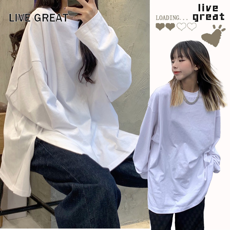 LIVE GREAT Áo Thun Tay Dài Màu Trơn Xẻ Tà Dáng Rộng Thời Trang Mùa Thu Phong Cách Hàn Quốc Cho Nữ