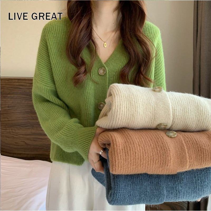 Áo khoác cardigan LIVE GREAT len dày dáng rộng cổ V phong cách retro Nhật Bản mới