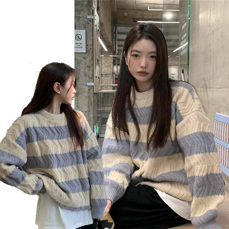Áo sweater Dáng Rộng Mềm Mại Họa Tiết Kẻ Sọc Thời Trang Thu Đông Phong Cách Nhật Bản Dành Cho Nữ