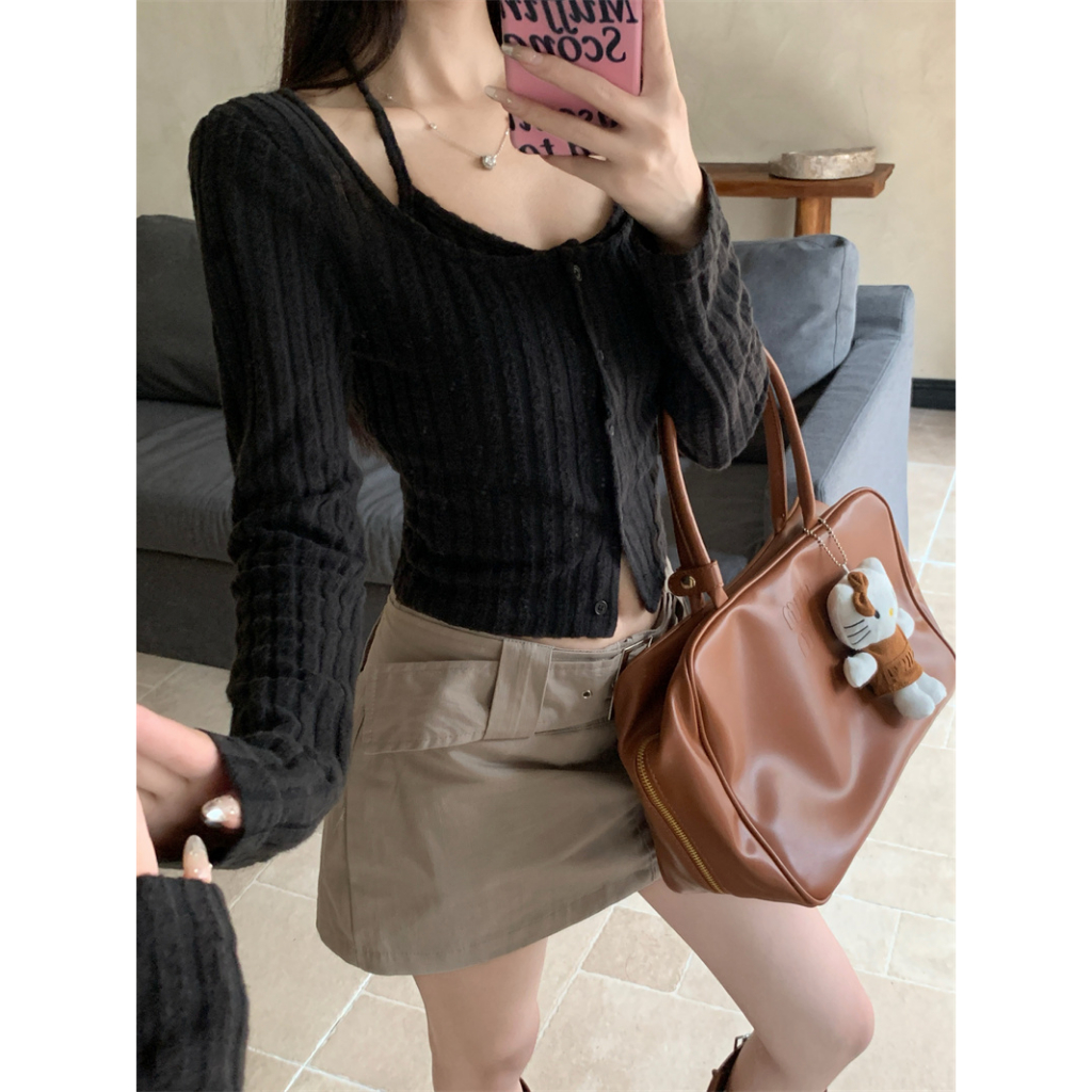 「MOTEL7」Set Áo Hai Dây Màu Trơn + Áo Khoác cardigan Dệt Kim Dáng Ngắn Thời Trang Mùa Thu