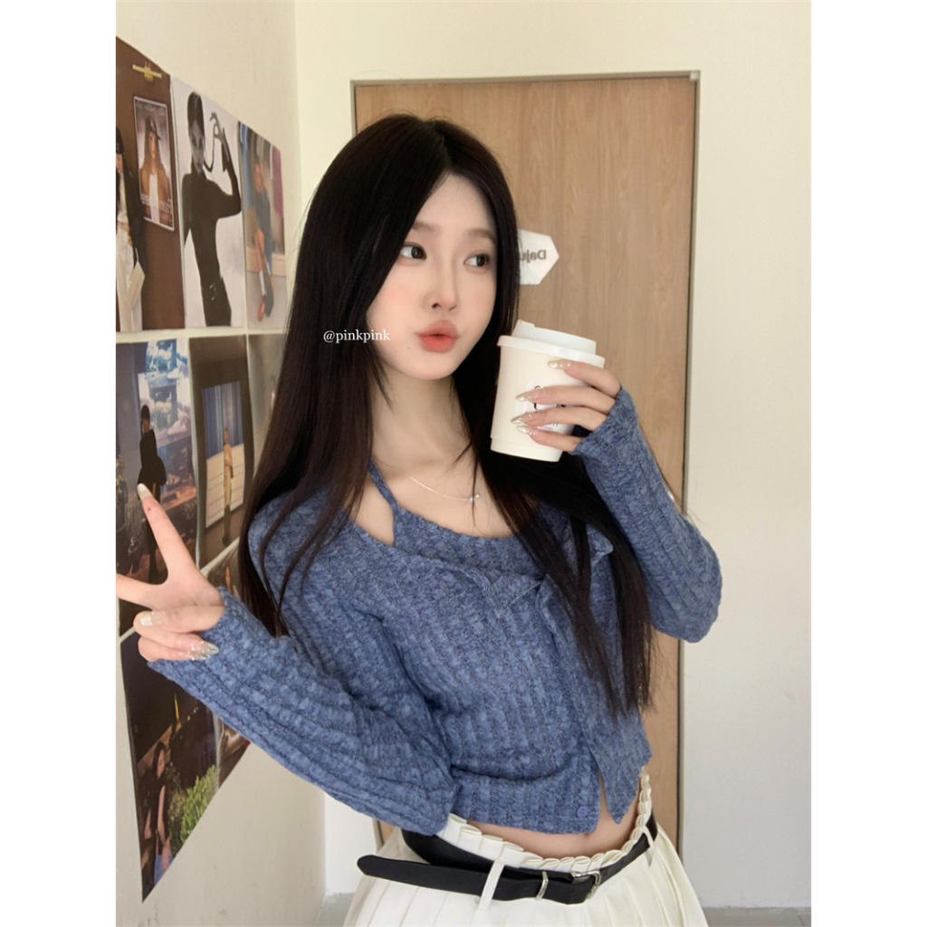 「MOTEL7」Set Áo Hai Dây Màu Trơn + Áo Khoác cardigan Dệt Kim Dáng Ngắn Thời Trang Mùa Thu